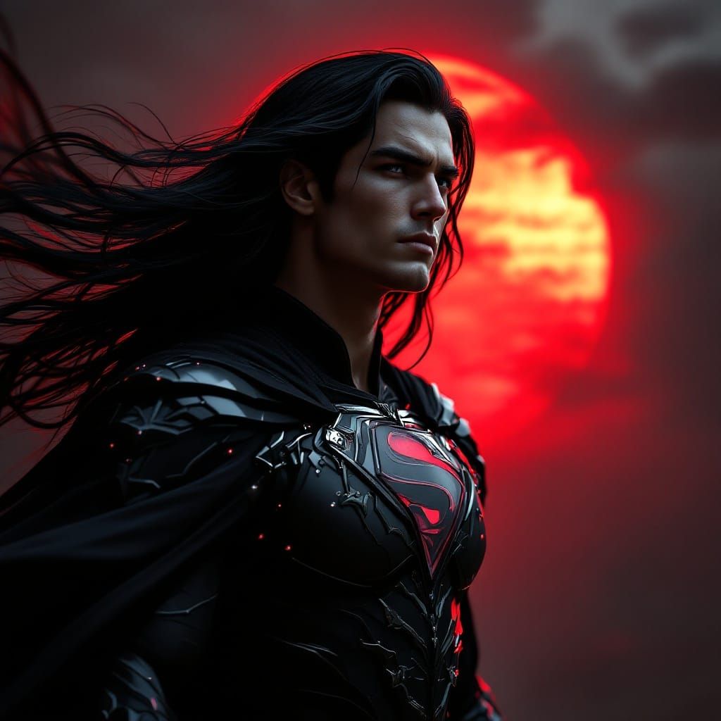 Dramatic Cyber Warrior in Rococo Armor Against Red Sun