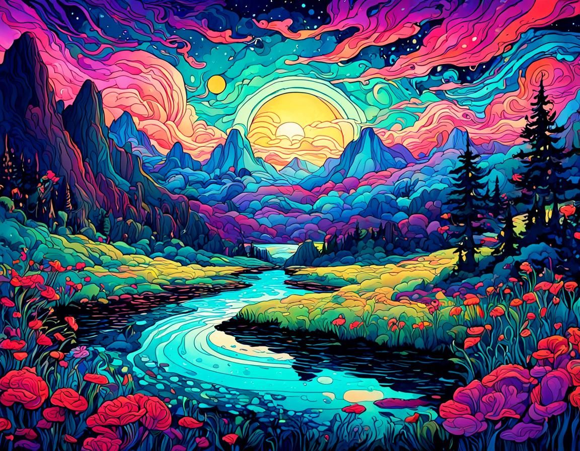 Psychedelic Art Nouveau Dreamscape in Iridescent Colors