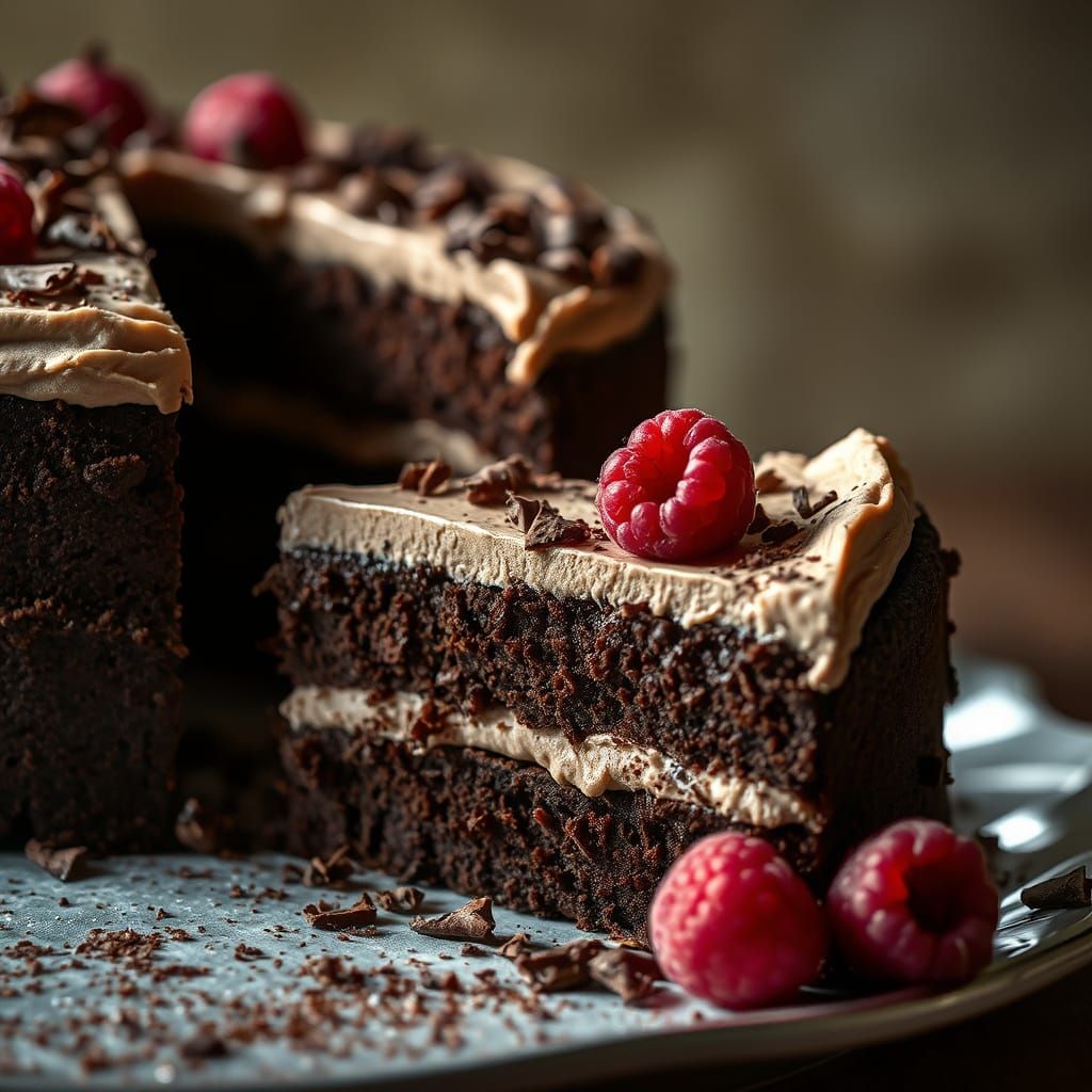 Decadent Chocolate Cake with Raspberries: Baroque Still Life