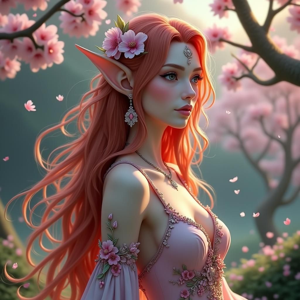 Elven Woman in Cherry Blossom Dress, Fantasy Art