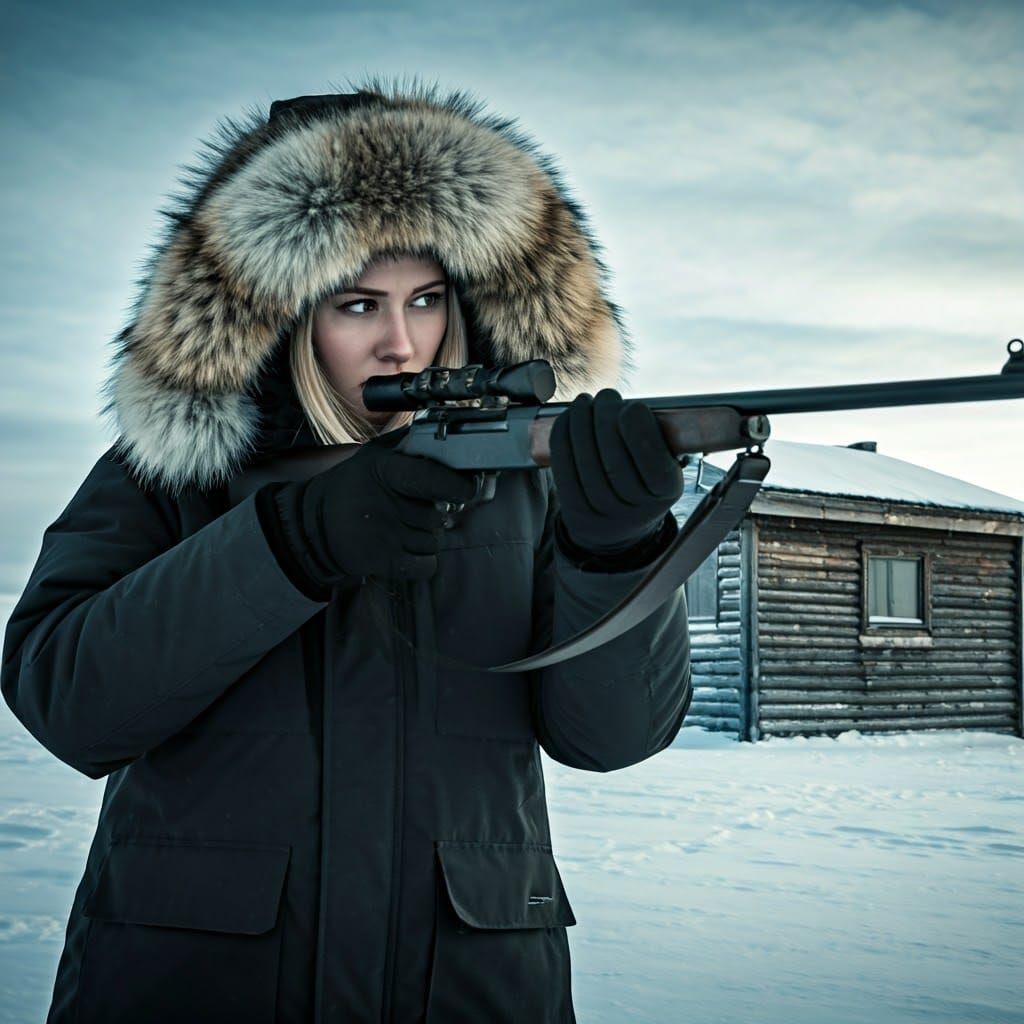 Epic Snowbound Huntress in Fierce Arctic Landscape