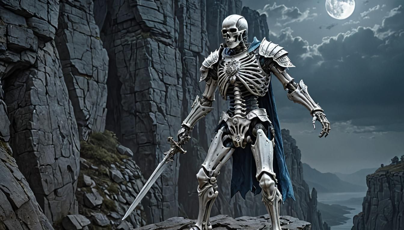 Chrome Skeleton in White Armor, Dark Fantasy Art