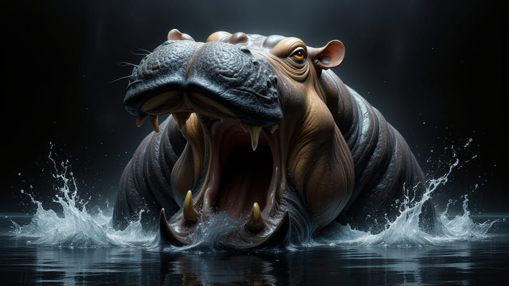 Hyperrealistic Hippo Emerges from Water in Dramatic Light