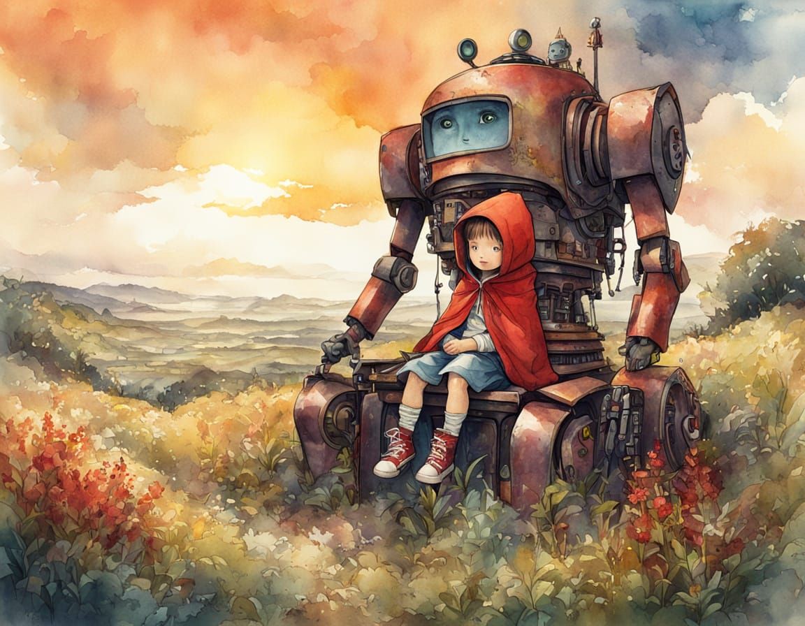 Watercolor Robot Scene with Cheerful Baby