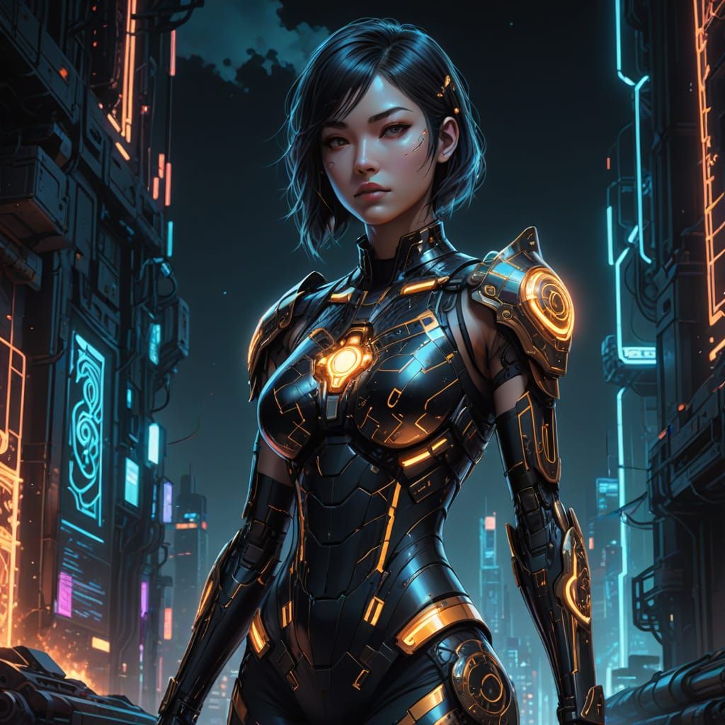 Cyberpunk Angel in Tron-Style Armor Illuminates Darkened Lan...