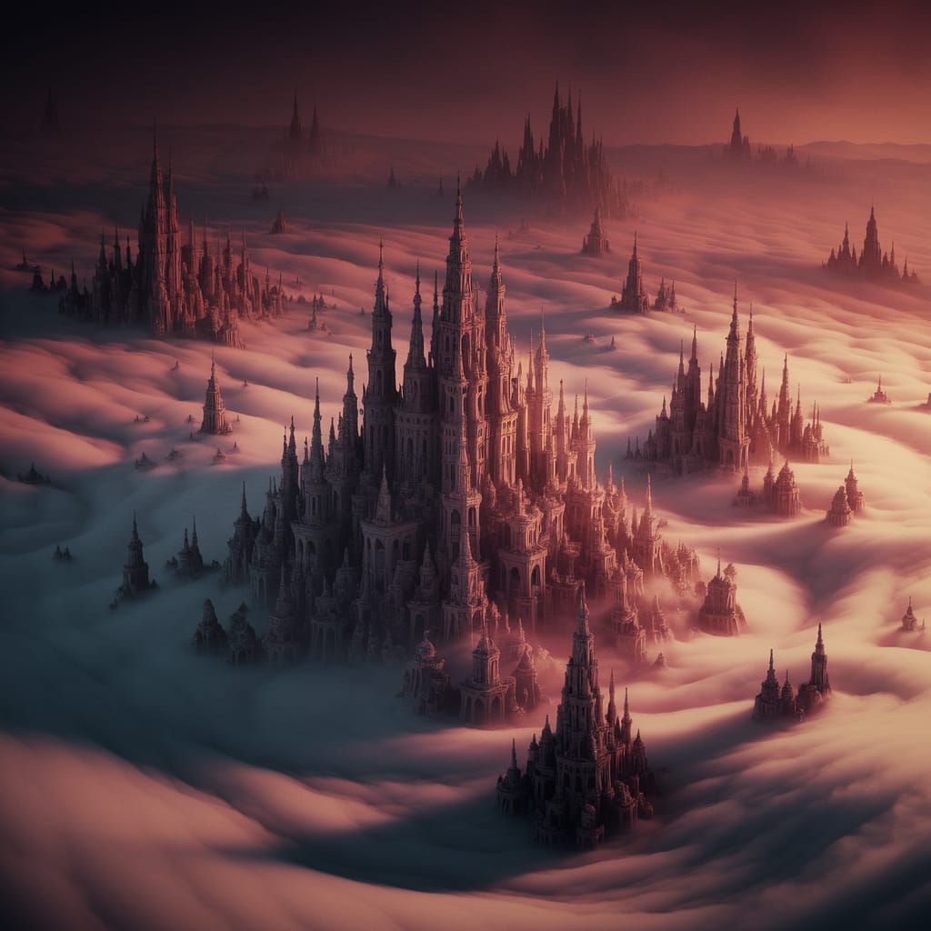 Fantastical Cityscape Emerging from Mists in Warm, Complemen...