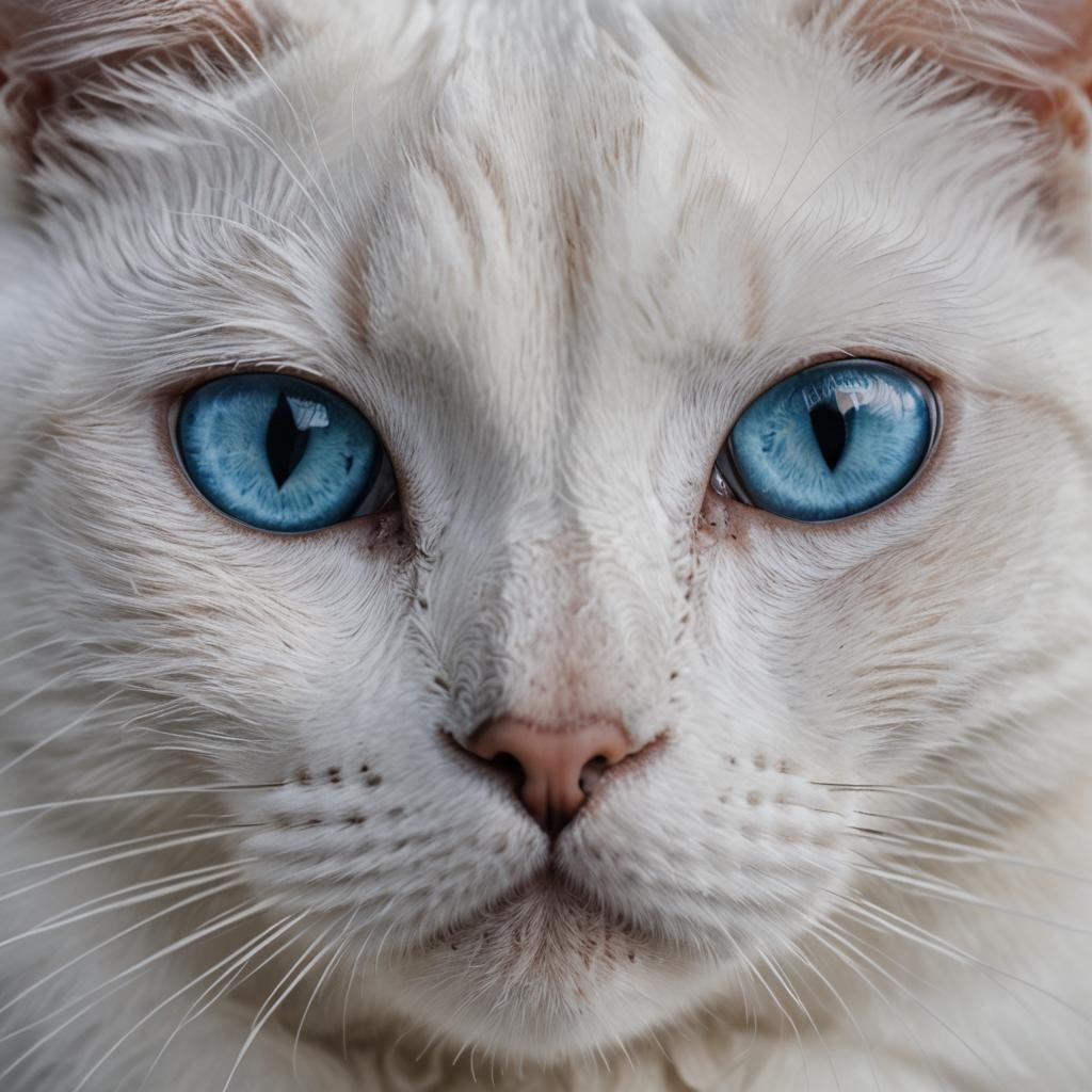 Macro Close-up: White Cat with Ice-Blue Eyes