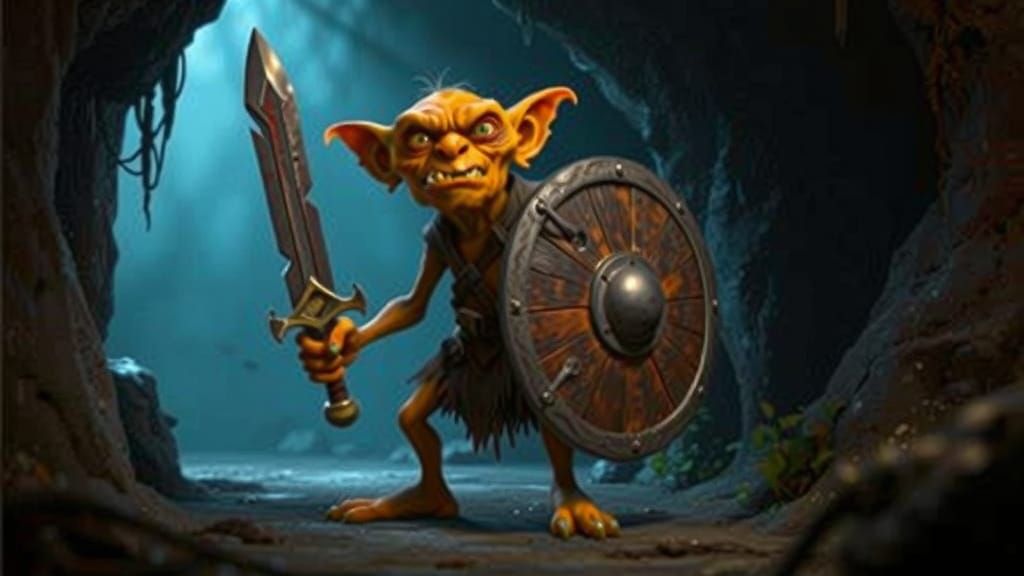 Defiant Goblin Guarding Cave Entrance in Cinematic Style