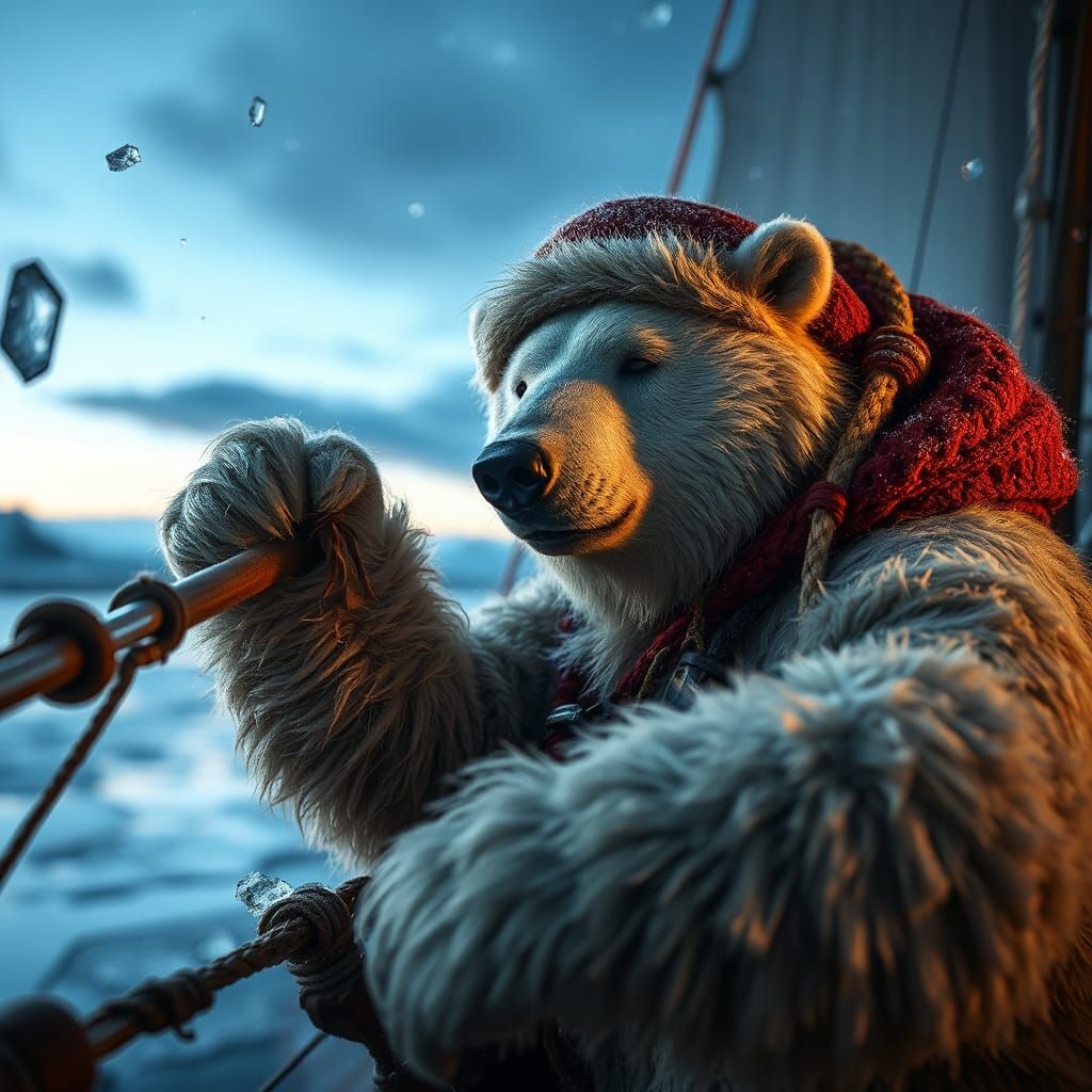 Ice Bear Skipper on Ice Sloop, Hyperrealistic