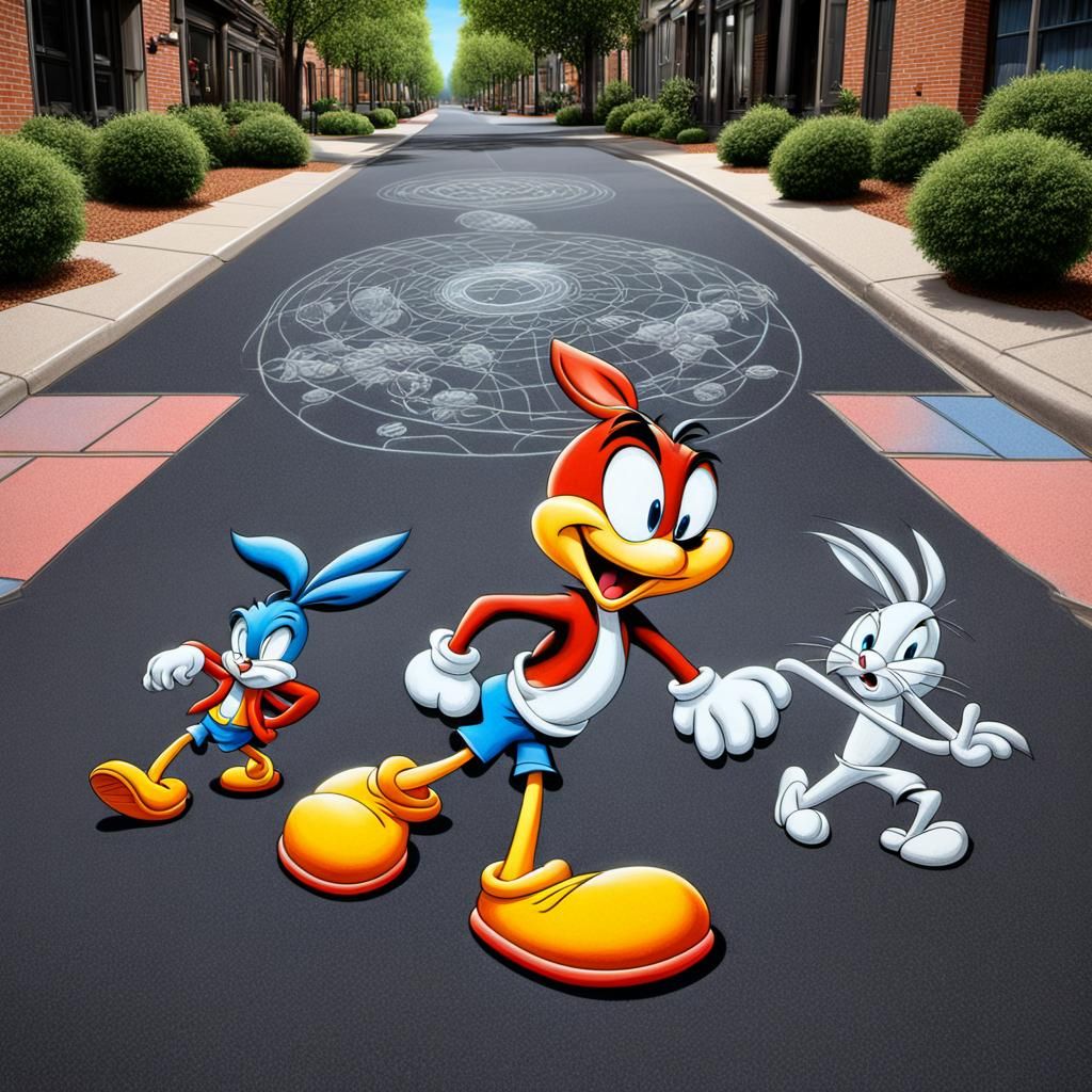 Looney tunes cartoon characters in a whimsical chalk side wa...