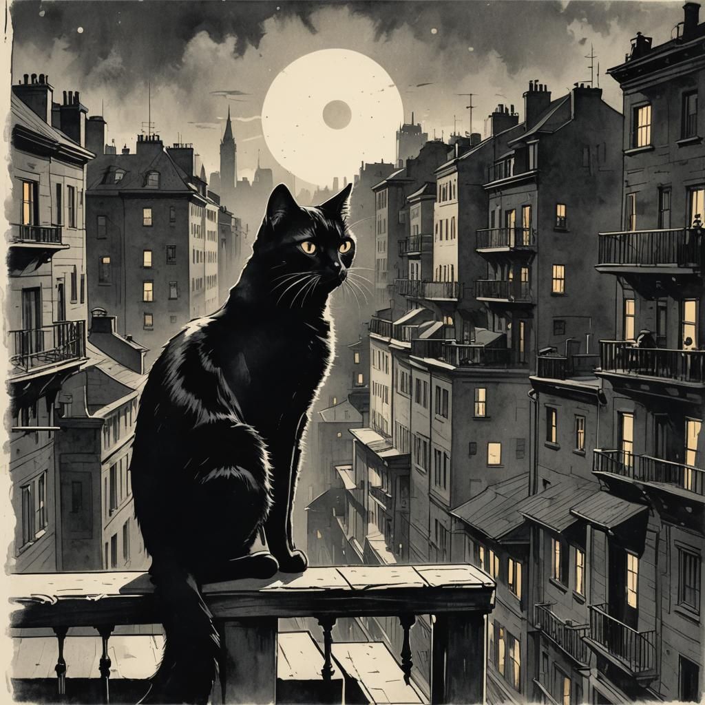 Black Cat in Film Noir Comic Style