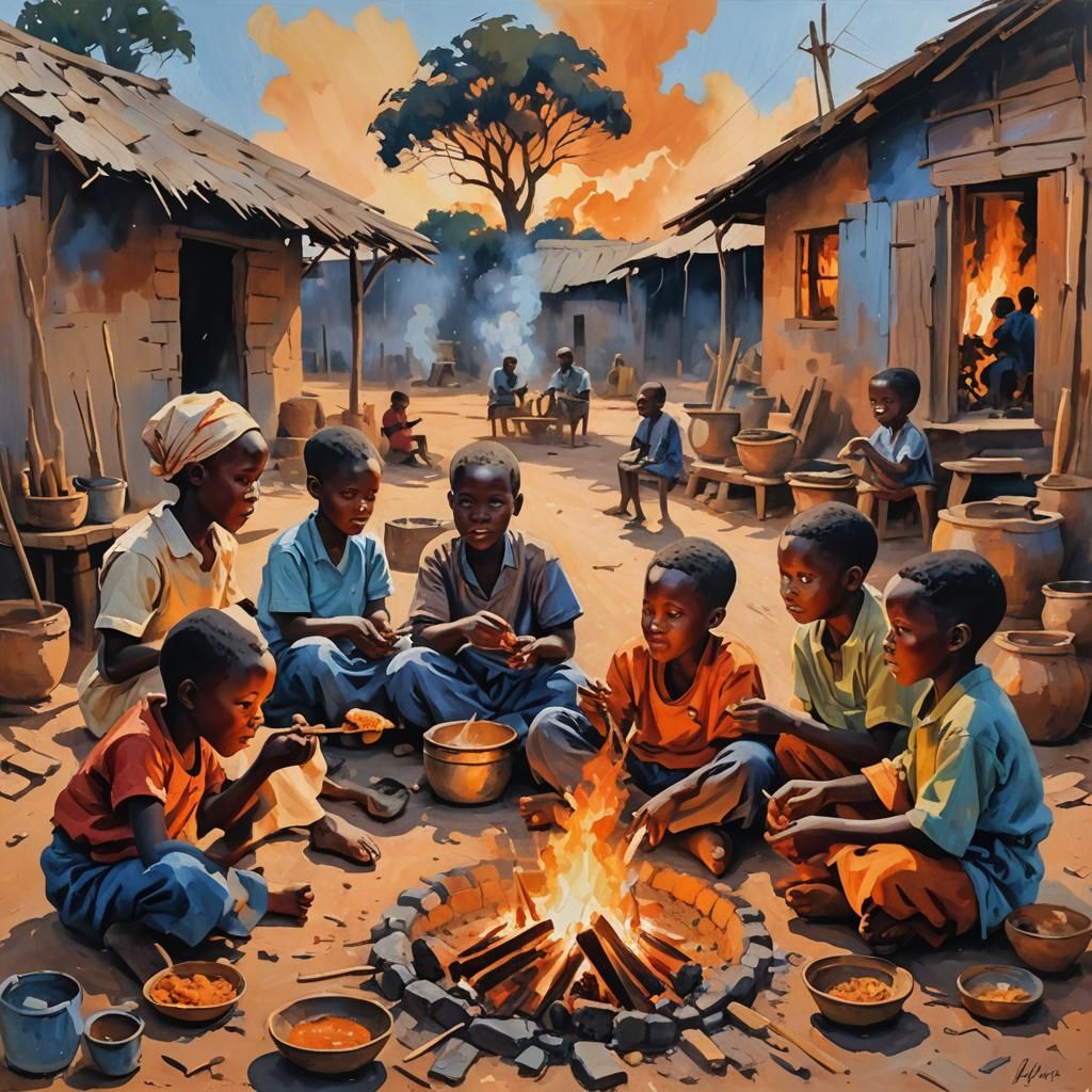 African Village Meal: Impressionist Gouache Painting