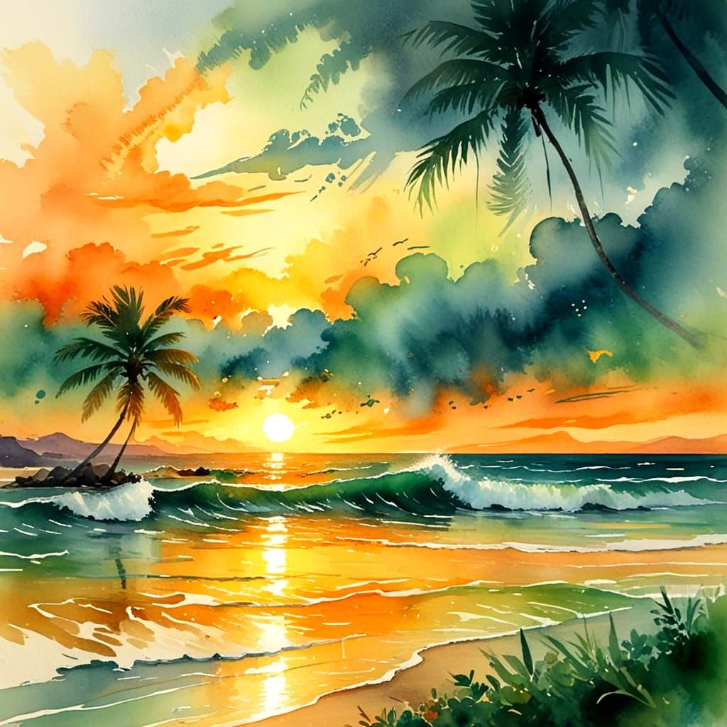 Vibrant Green and Orange Cezanne-Inspired Watercolor