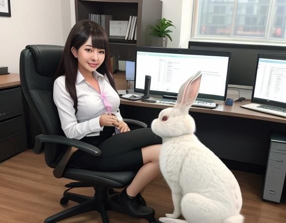 Rabbit at Office Computer: A Whimsical Digital Art