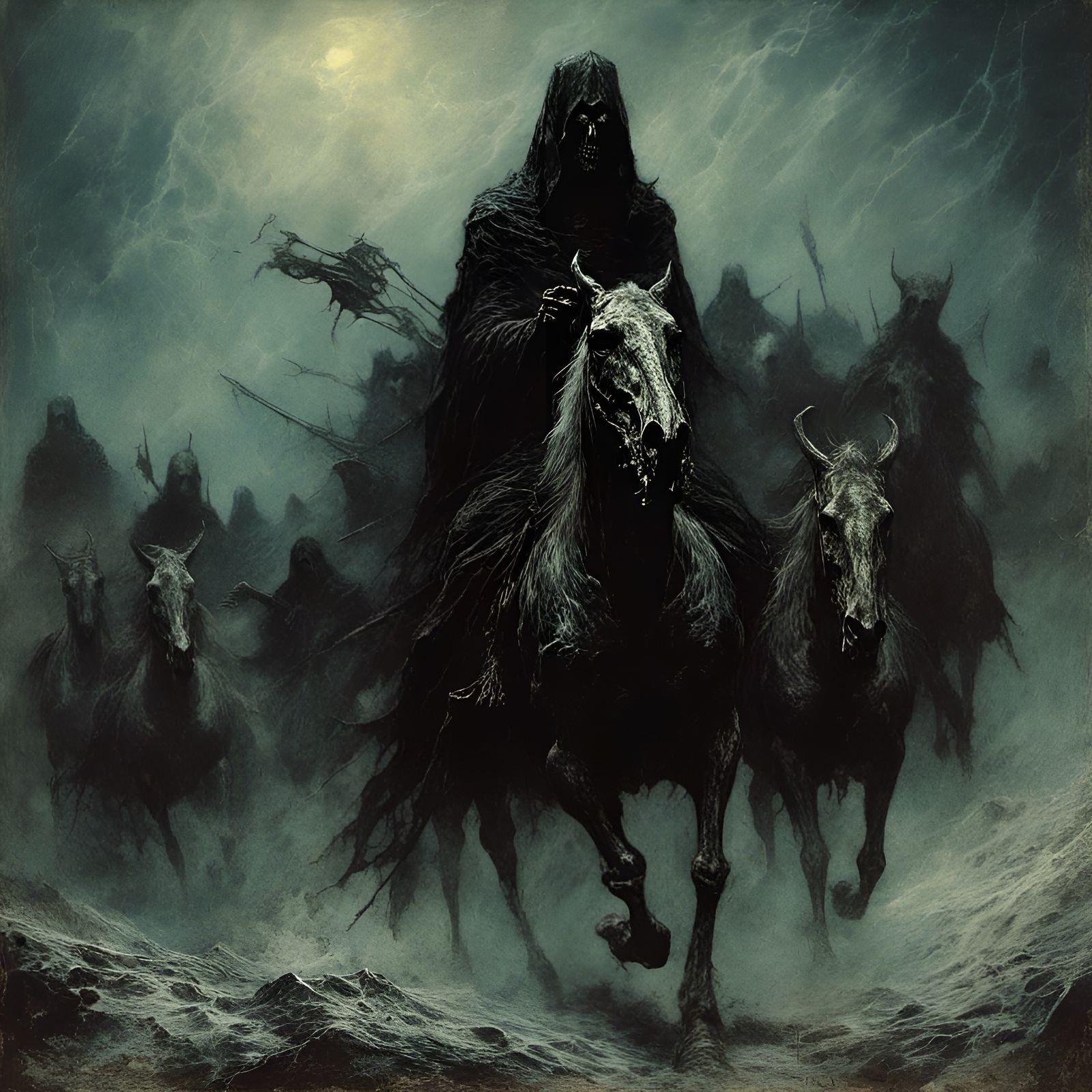 Macabre Demon Riders Emerging from Black Mist