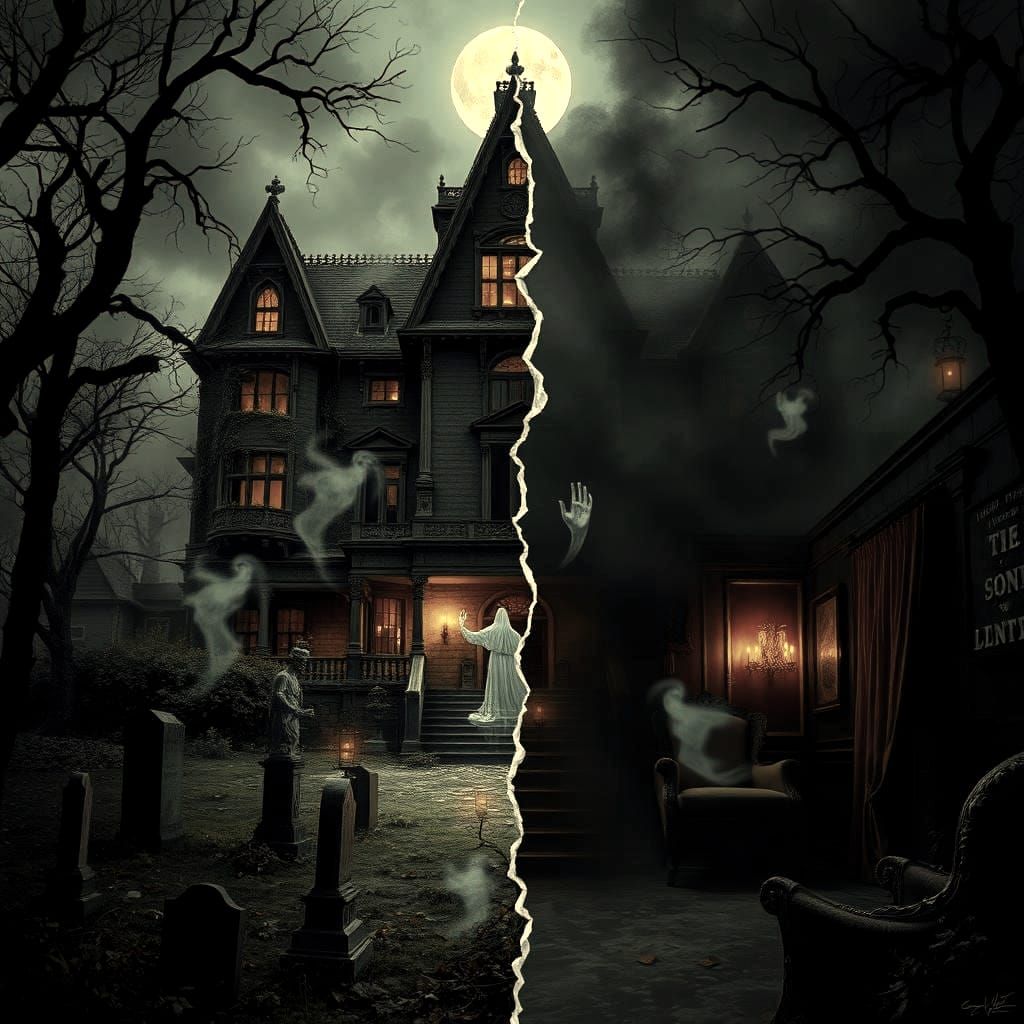 Haunted Mansion Split View: Burning Exterior, Ghostly Interi...