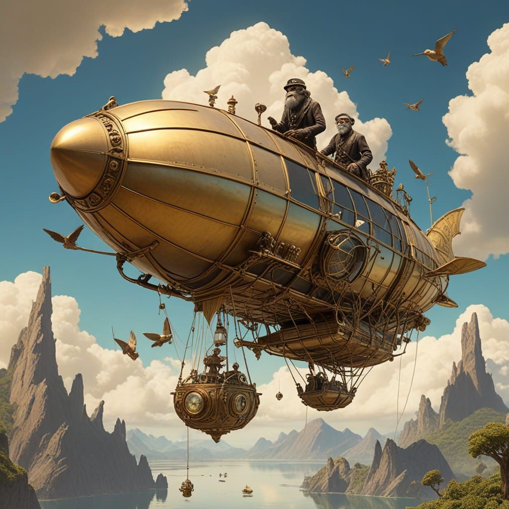 Steampunk Chimpanzee Airship Soaring Through Surreal Skies