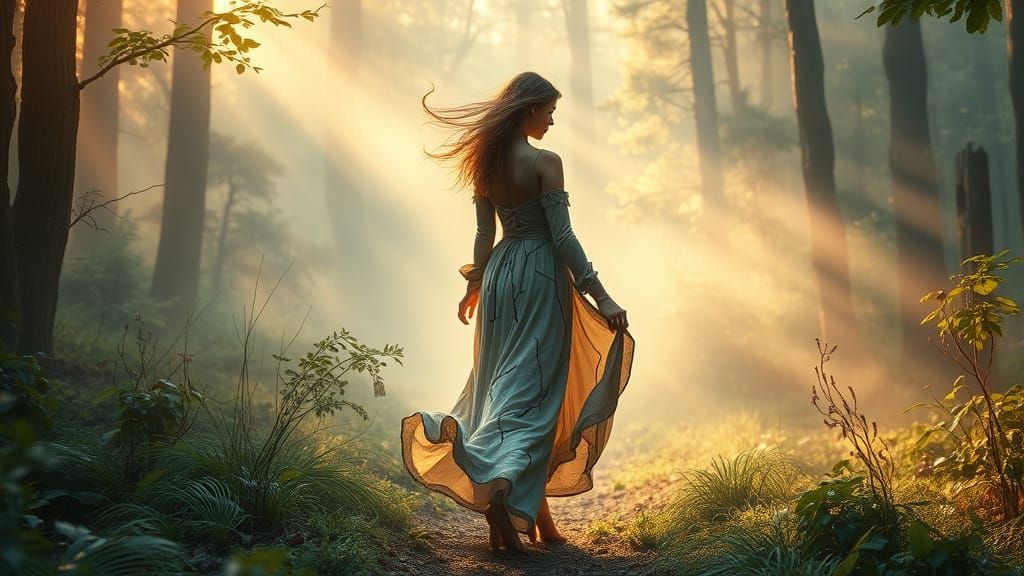 Woman in Thorns Walking in Golden Forest