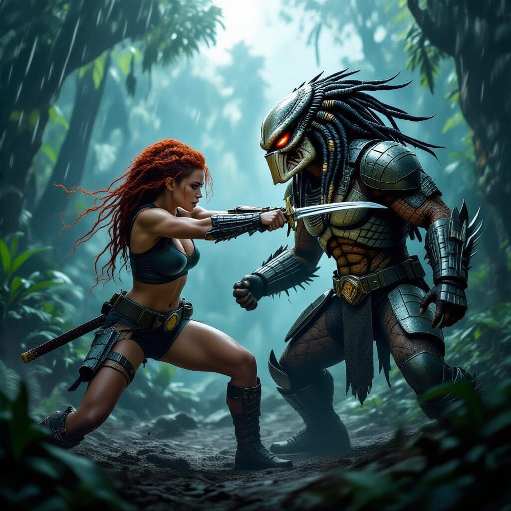 Fiery Haired Warrior in Predator Armor Battles Xenomorph