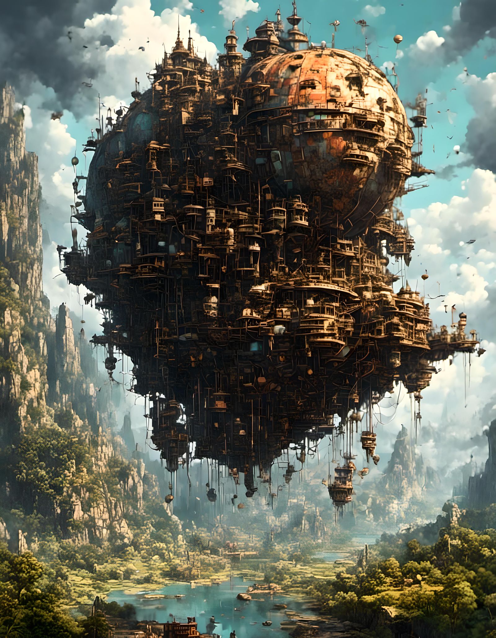 Robot Guard in Sky Castle: Anime Watercolor