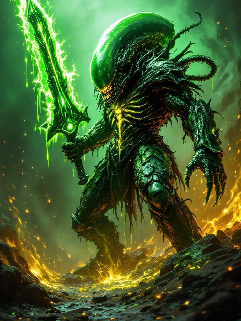 Fierce Xenomorph Barbarian with Acid Greatsword