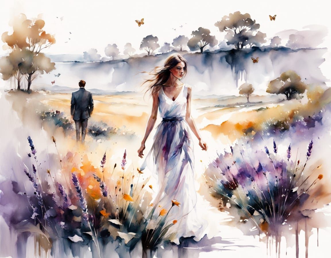 Watercolor Lavender Fields and Farmhouse in Golden Light