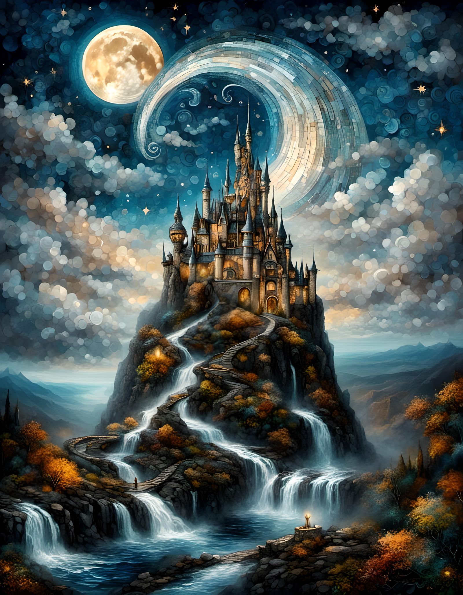 Fantasy Castle Soaring Over Magical Landscape in Mosaic