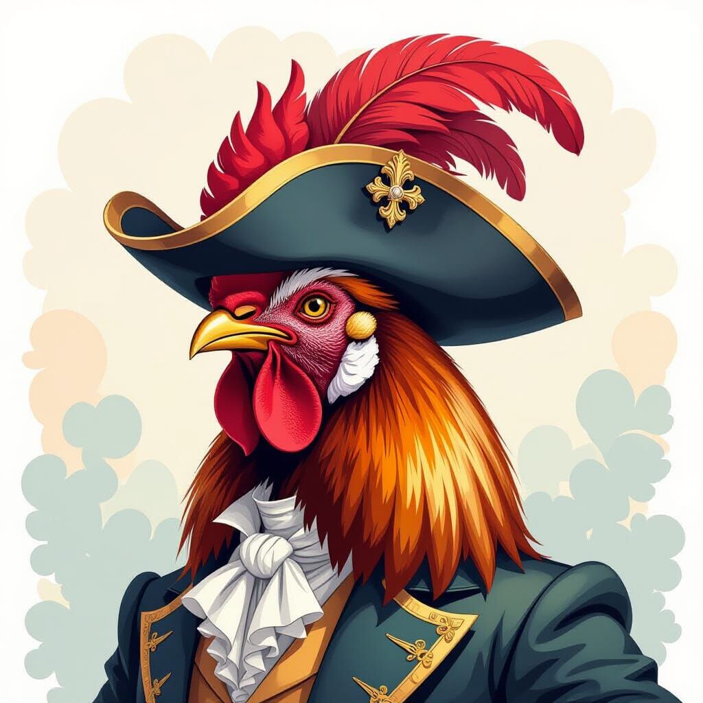 Elegant Rooster Portrait with Tricorn Hat in Whimsical Style