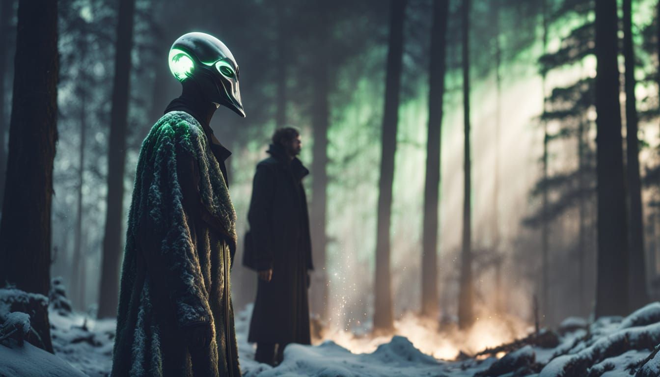 Cinematic Alien in Snowy Forest, Digital Matte Painting