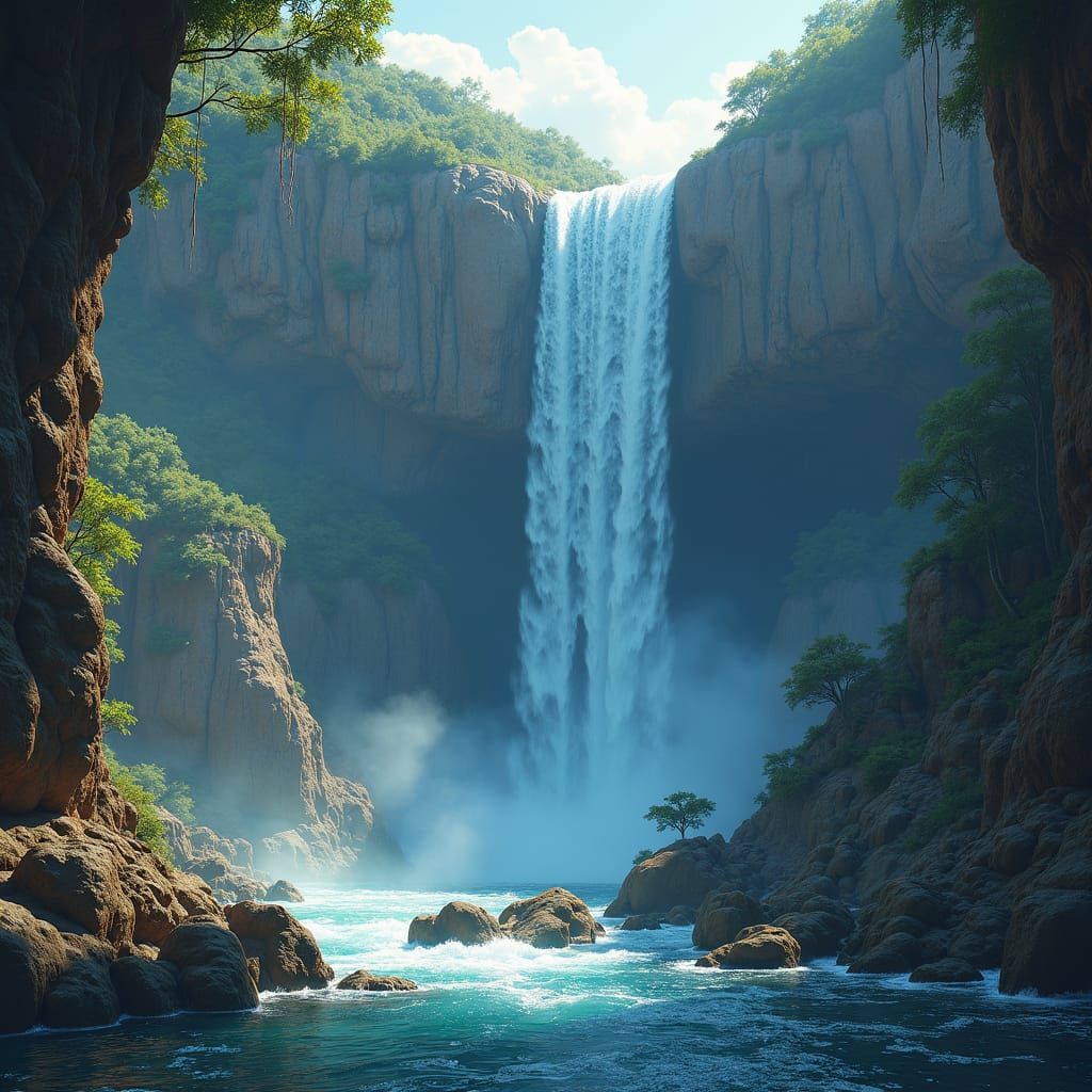 Mystical Waterfall in Lush Landscape, Matte Painting