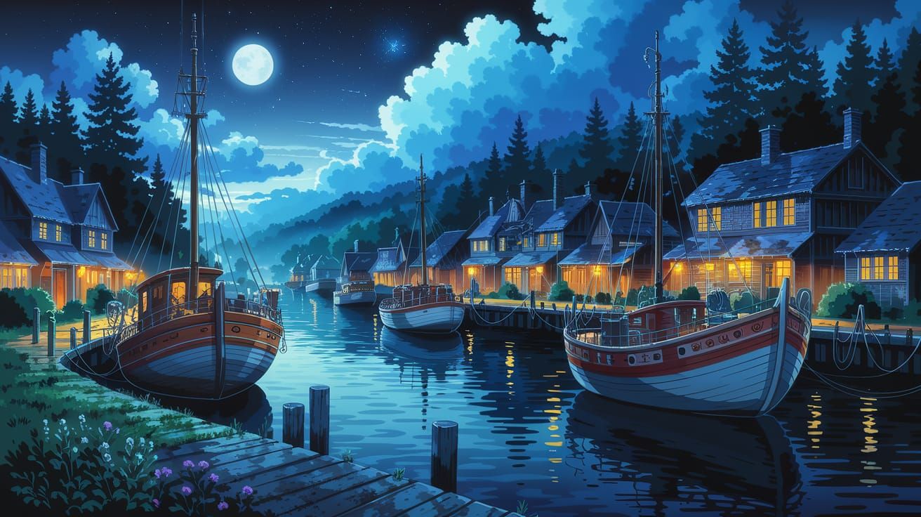 Victorian Port Village at Night in Wet Watercolor