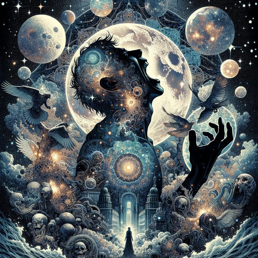 Anguished Silhouette in Surreal Manga Collage