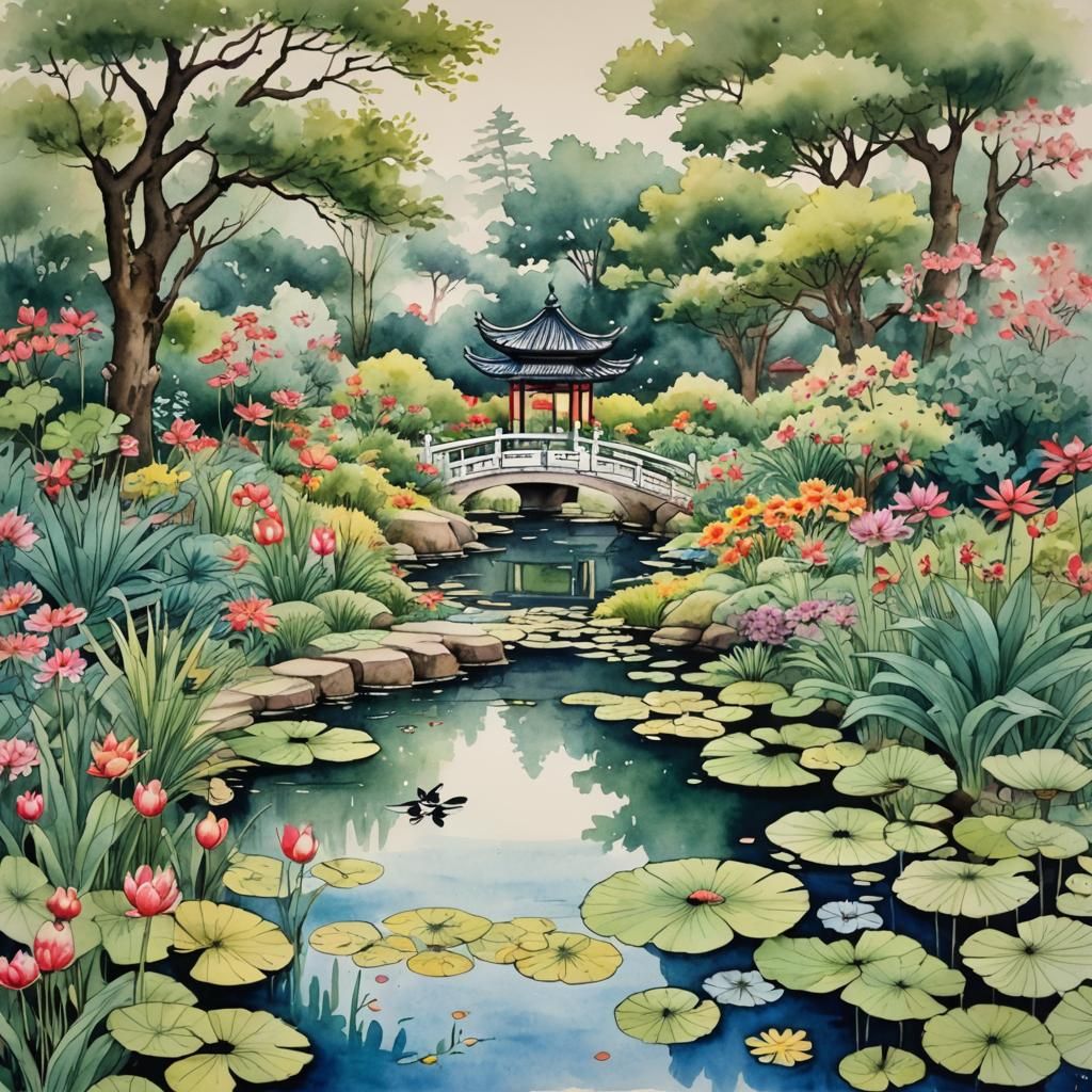 Oriental Folk Art Pond in Ink and Watercolor