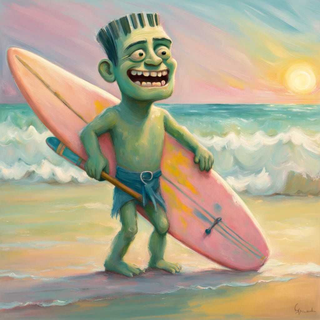 Happy Frankenstein Surfer in Impressionist Style