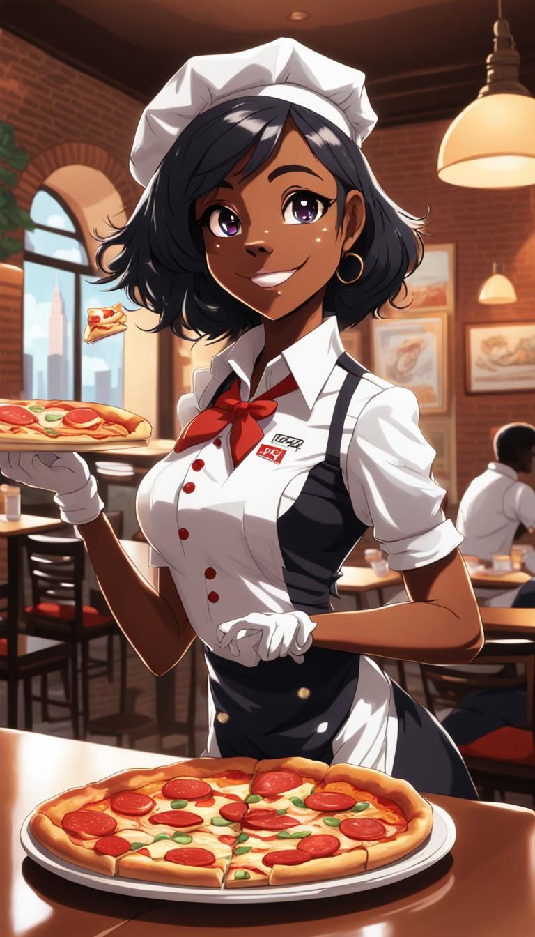 Anime Style Dog Waitress Serves Pizza