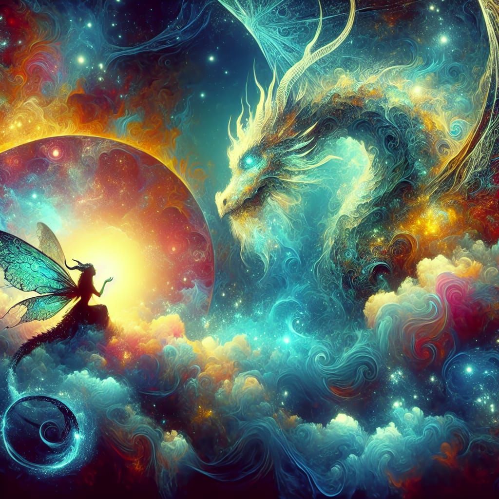 Mystical Faerie and Dragon Slumber in Holographic Cosmic Art