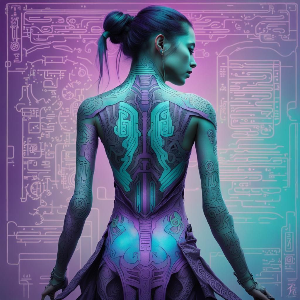 Cyborg Goddess in Neon Kanji Gradient, H.R. Giger Style