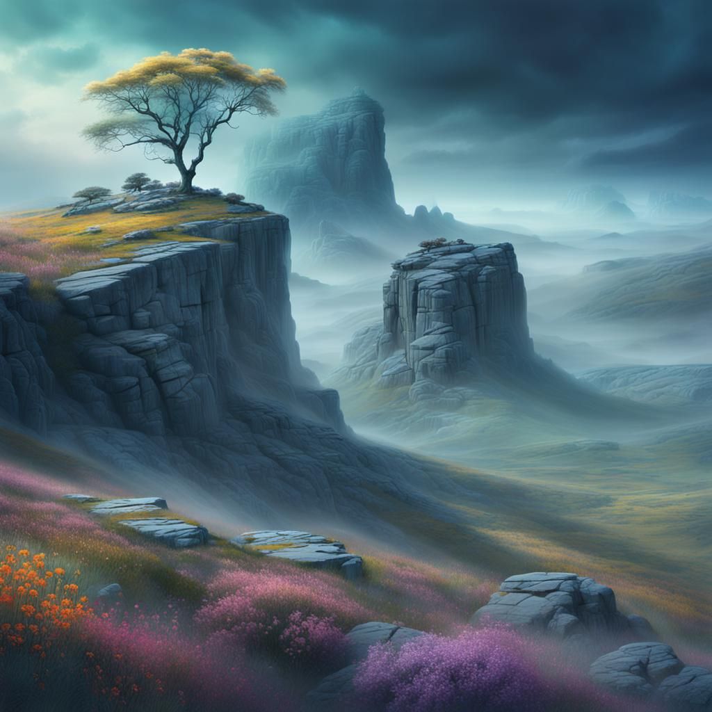 Epic Cinematic Landscape with Misty Rocky Outcrops
