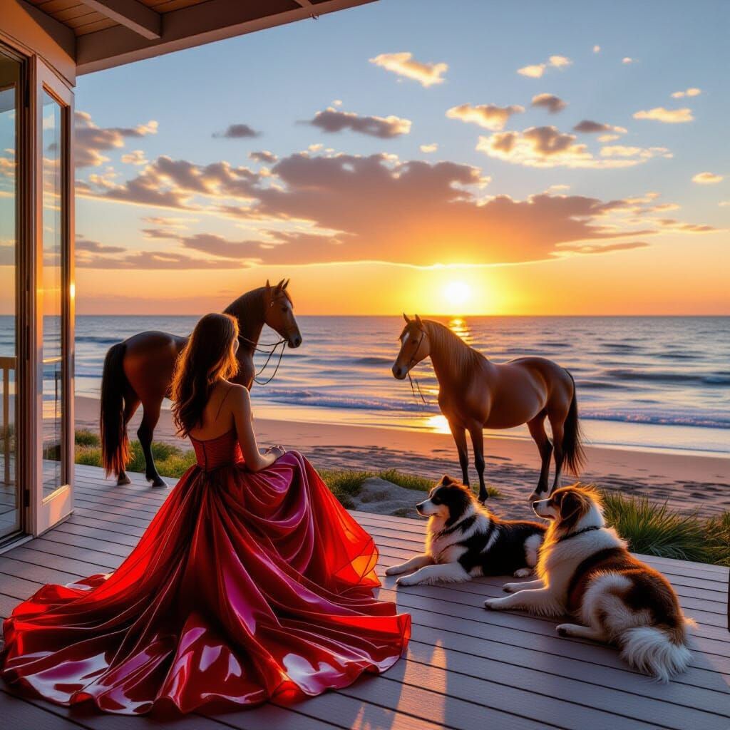 Woman in Red Dress With Dogs and Horse at Sunrise, Blown Gla...