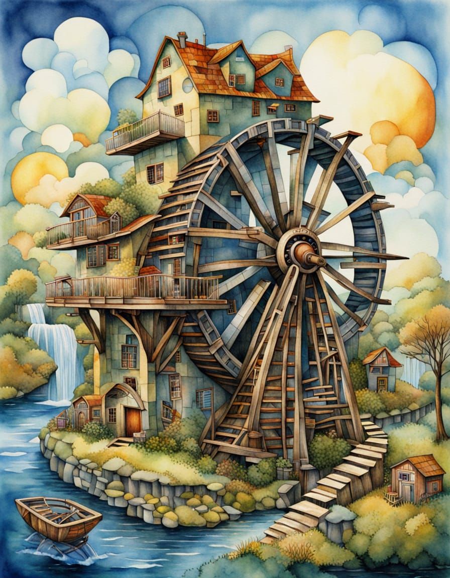 Steampunk Waterwheel in Vibrant, Iridescent Colors
