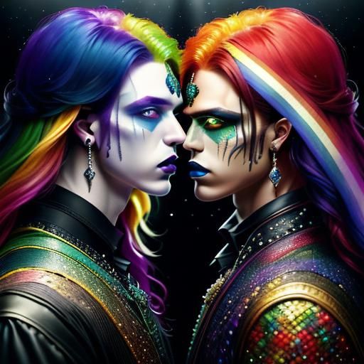 Hyperrealistic Portrait of a Gay Couple with Rainbows