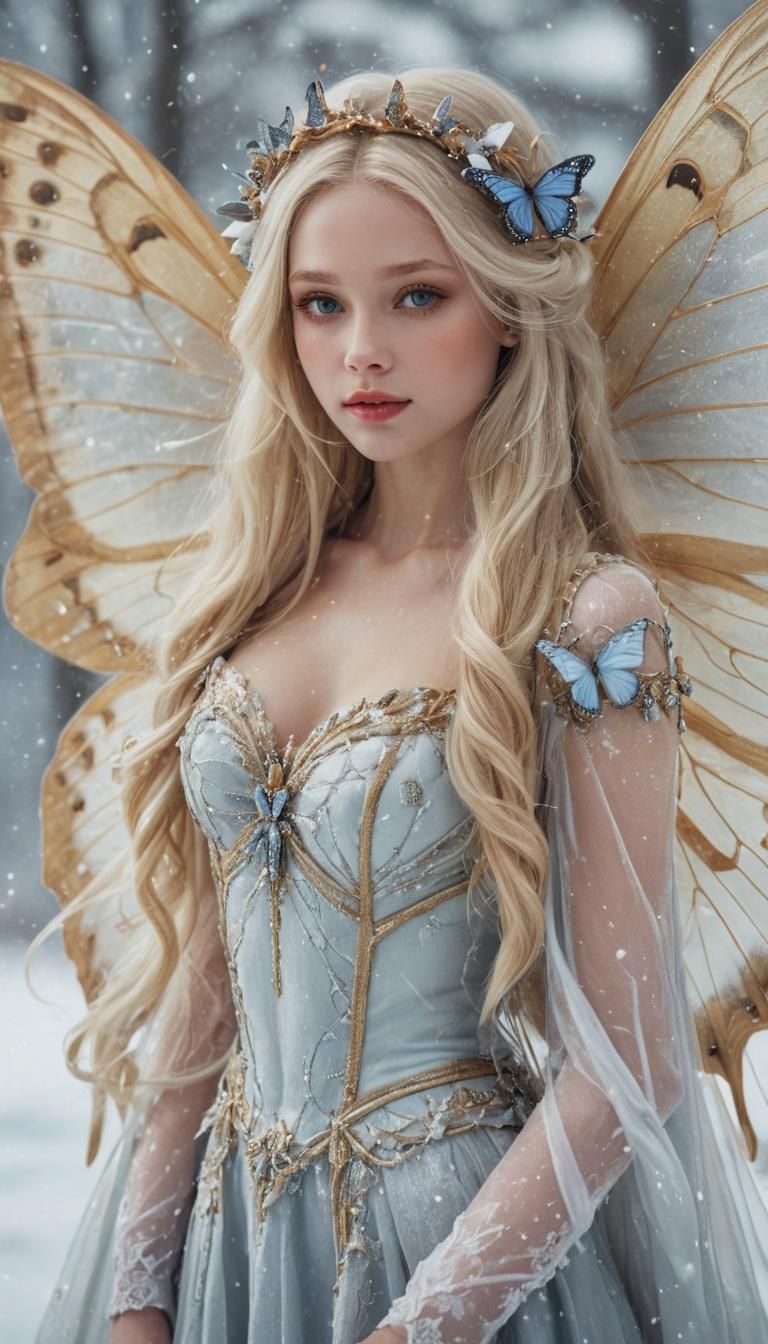 Winter Fairy Queen with Butterfly Wings in Snow