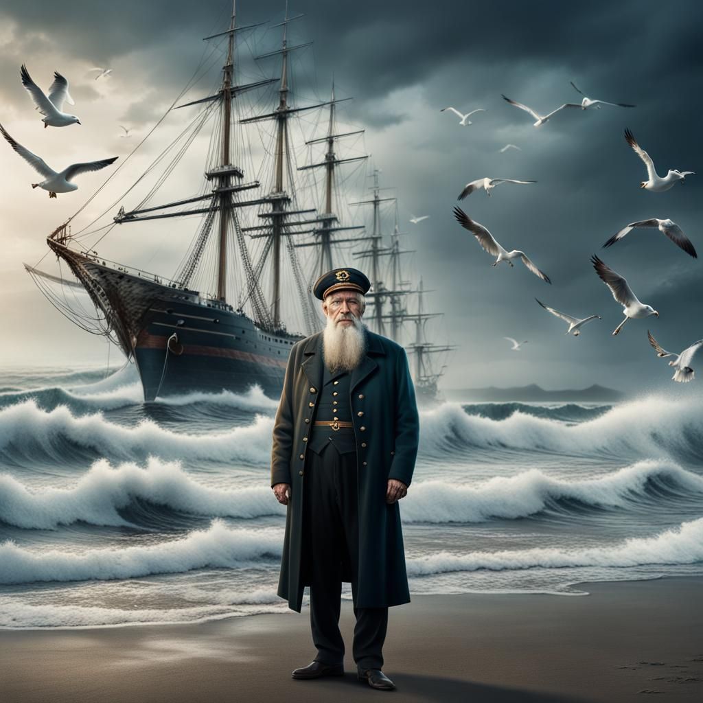 Melancholy Sea Captain Portrait on the Shore