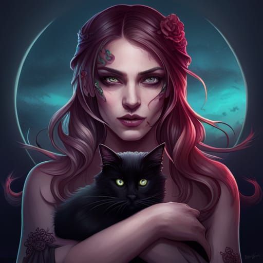 Gothic Girl Portrait with Black Cat in Artgerm Style