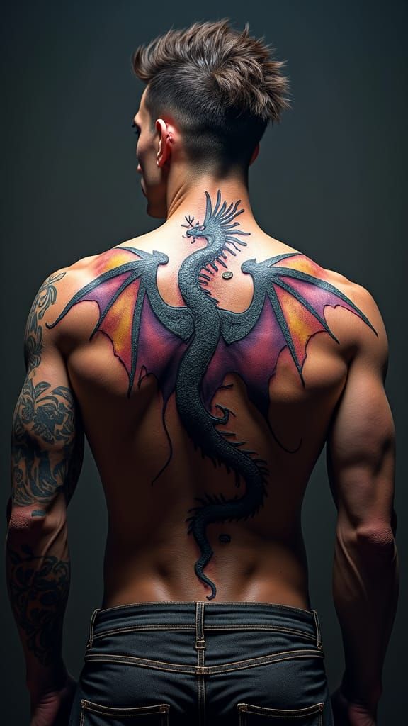 Dragon Tattoo Art on Muscular Back in Dark Fantasy Style