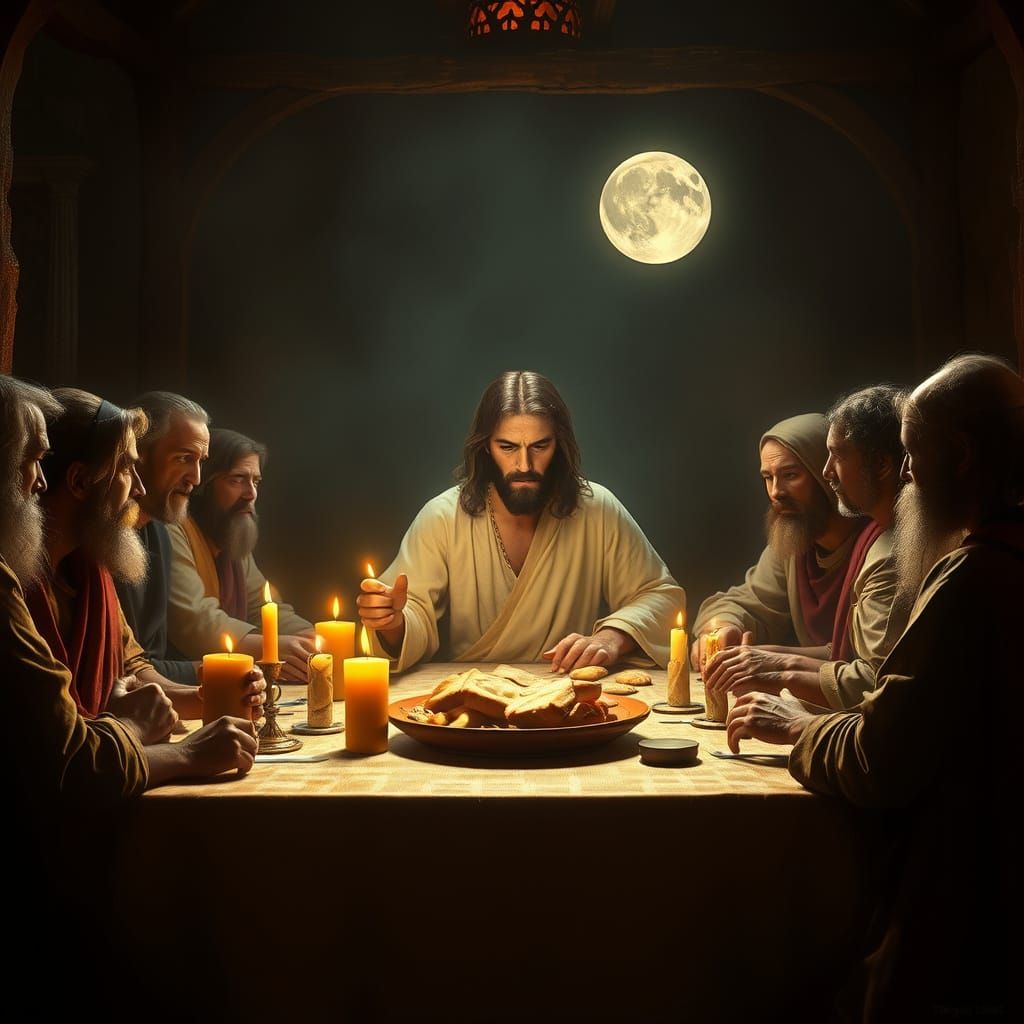 Jesus Christ Surrounded by the 12 Disciples in a Dimly Lit S...