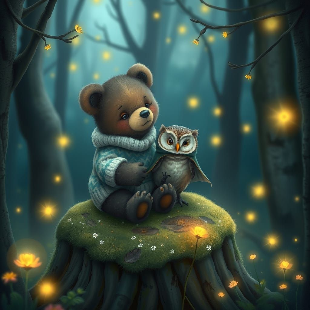 Enchanted Forest Scene: Bear Cub, Owl, and Fireflies