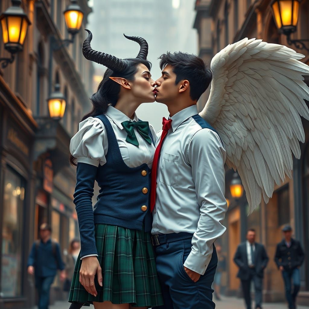 Surreal Demon Woman Shares Dramatic Kiss with Angel in Gothi...