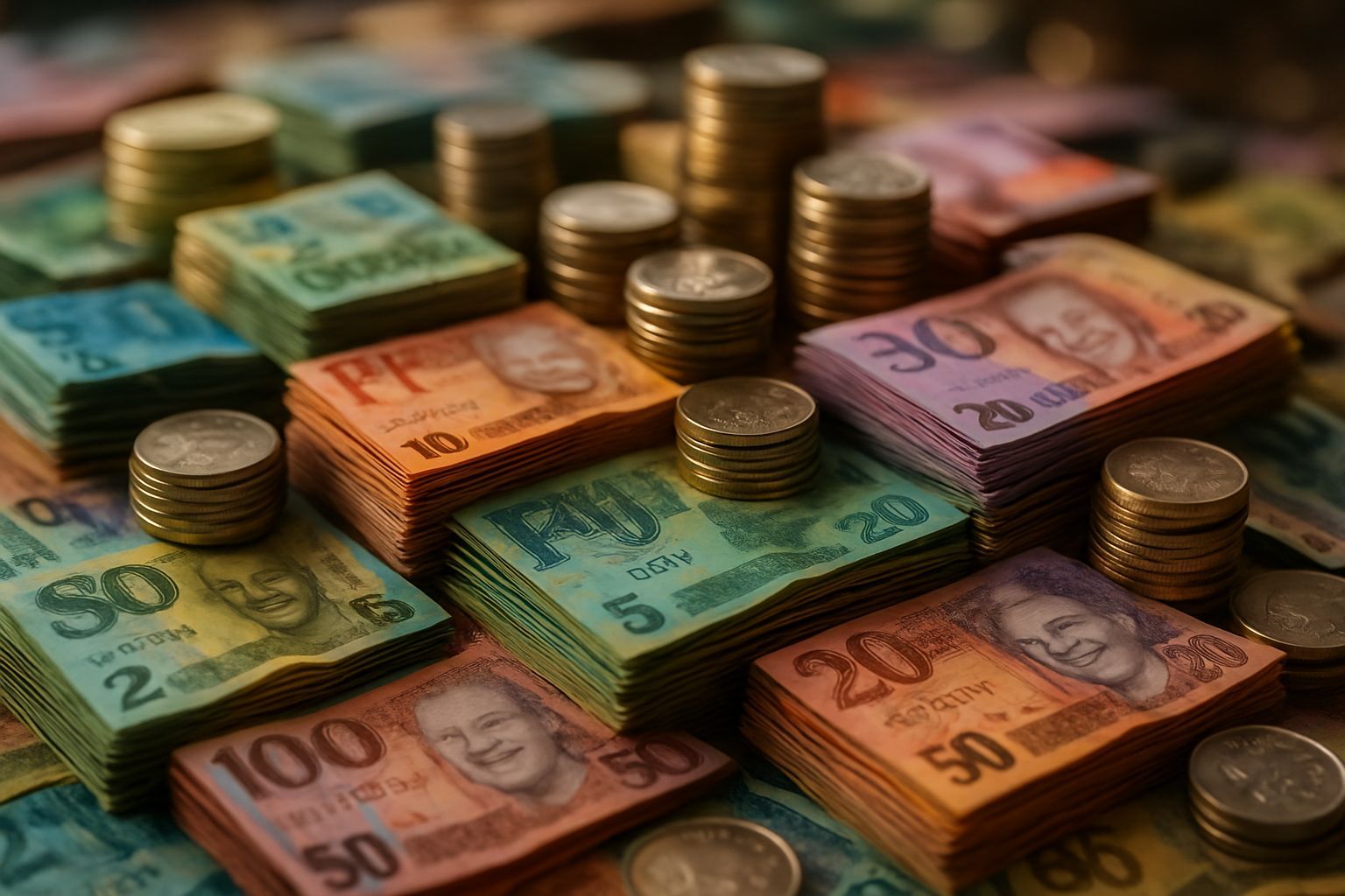 Fijian Currency Stacked High with Soft Bokeh Effect
