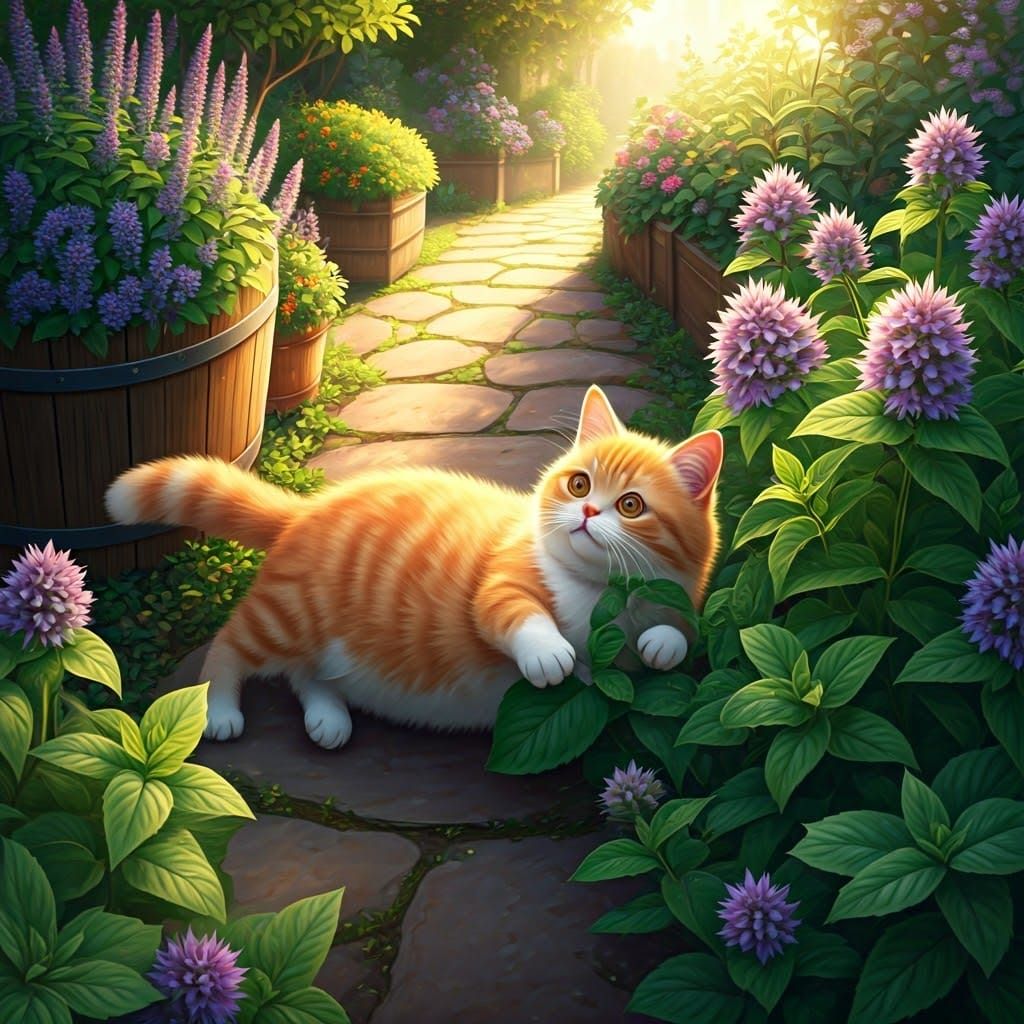 Ginger Tabby Cat in Garden of Cat Mint